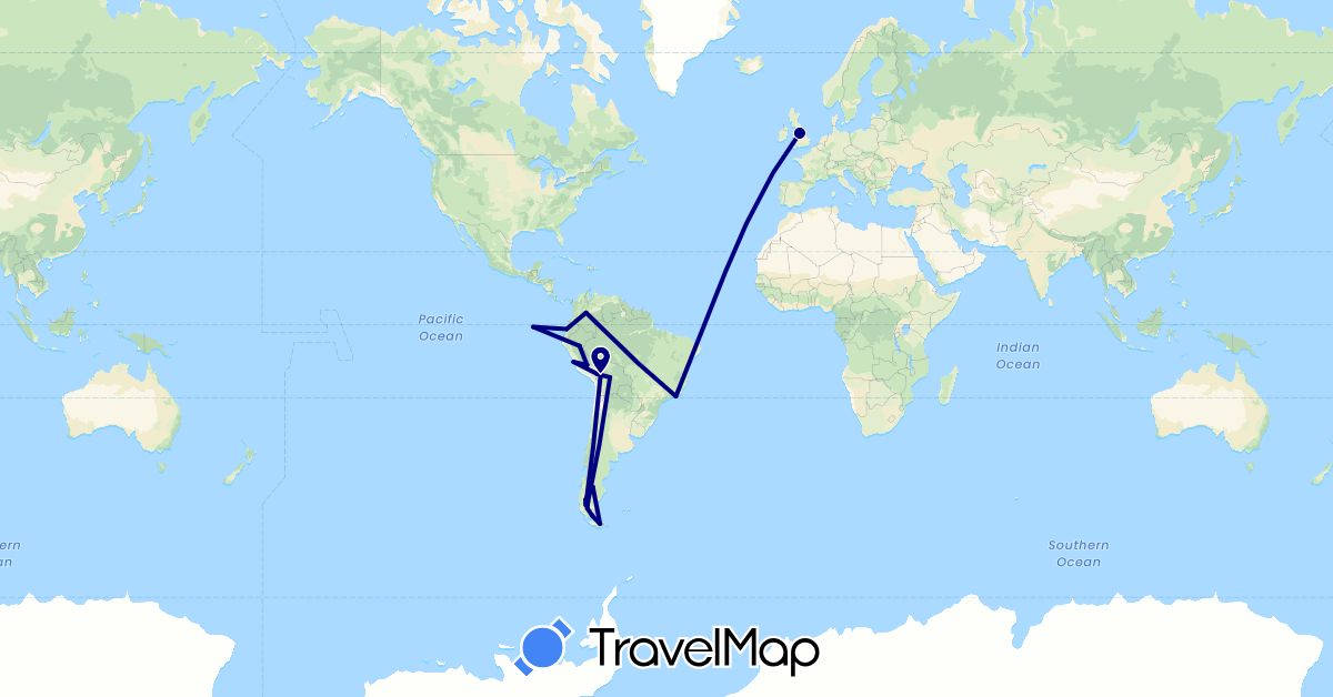 TravelMap itinerary: driving in Argentina, Bolivia, Brazil, Chile, Colombia, Ecuador, United Kingdom, Peru (Europe, South America)