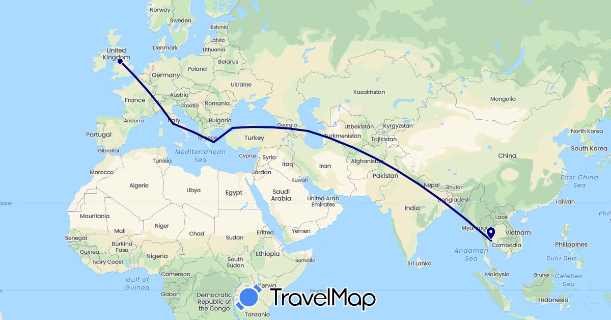 TravelMap itinerary: driving in Azerbaijan, United Kingdom, Greece, Italy, Thailand, Turkey (Asia, Europe)